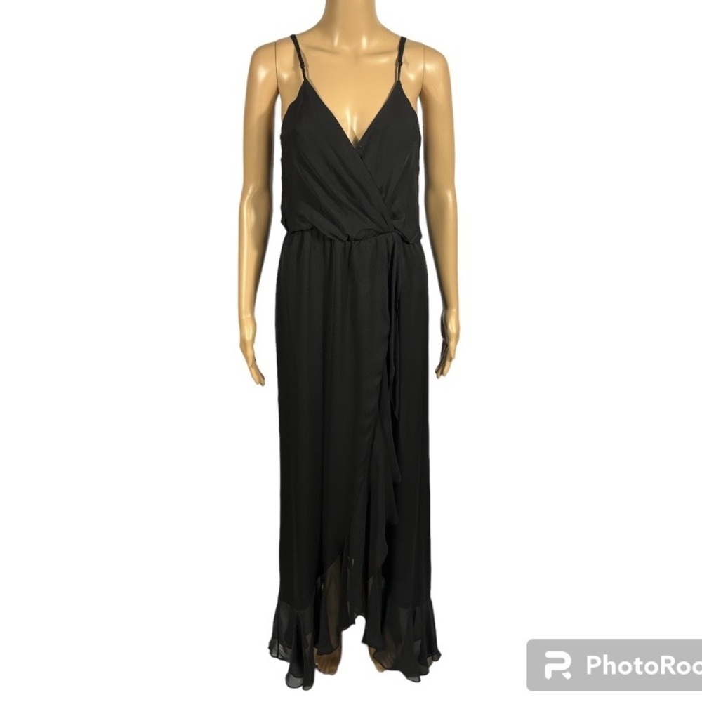 Parker Black Silk Faux Wrap Skirt Spaghetti Straps Ruffled Hem Dress  Size S